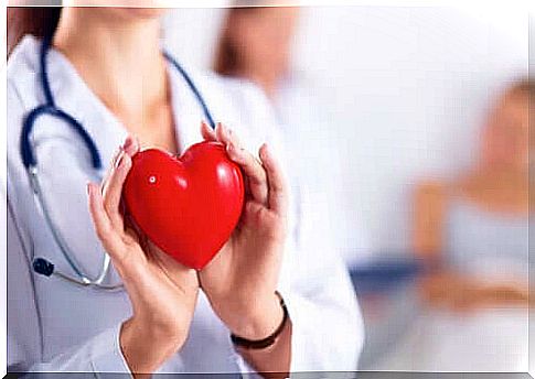 Female doctor holds a plastic heart in her hand