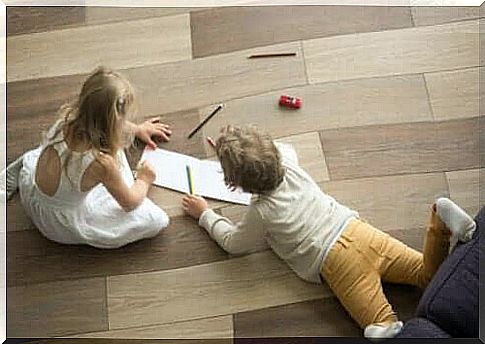 Children on a fake hardwood floor
