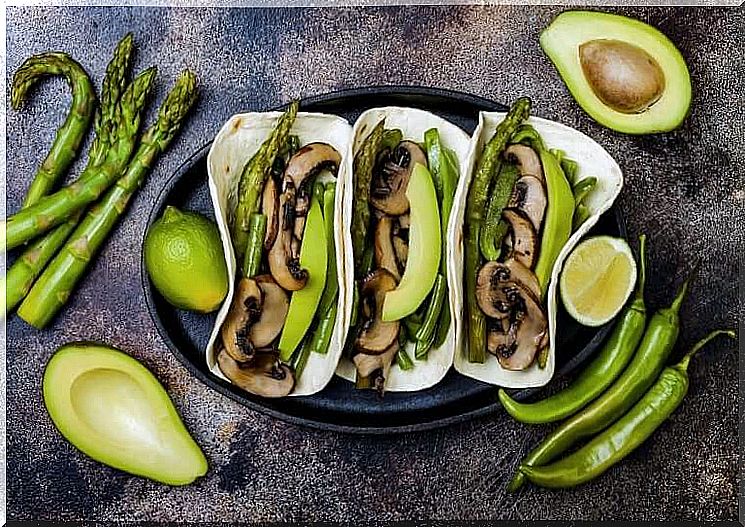 Vegan tacos with avocado and mushrooms